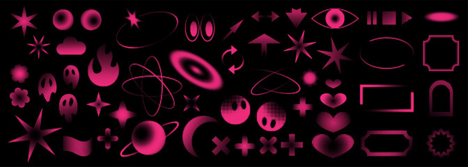 Vector set of halftone retro elements. Design collection, pixelated, y2k style. Stars, frames, arrows, hearts icons and other creative elements. Pink colored