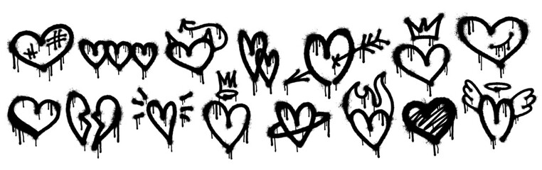 Set of vector spray painted heart shapes. Collection of hand drawn grunge graffiti elements with ink leaks and stains, heart icons. Valentine's day love symbols isolated on white background © v1ra