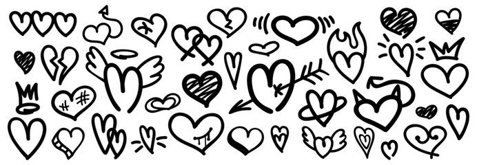 Set of vector doodle heart shapes. Collection of hand drawn elements, heart icons. Valentine's day love symbols isolated on white background