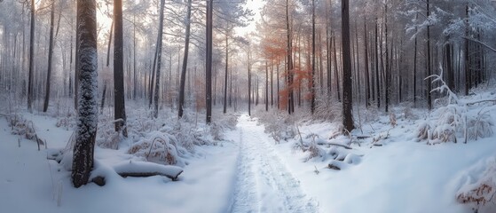 A serene snowy path through a winter forest, with bare trees and soft sunlight creating a peaceful atmosphere.