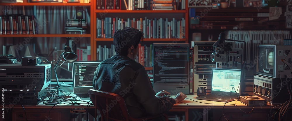 Aufkleber a man working on a computer in a dimly lit room with a bookshelf and a retro television in the backg