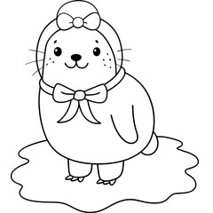 animal+Human, full-length, more details, well-drawn, Cute, with a bow on her head,  A walrus in a winter coat, ice skating on a frozen pond