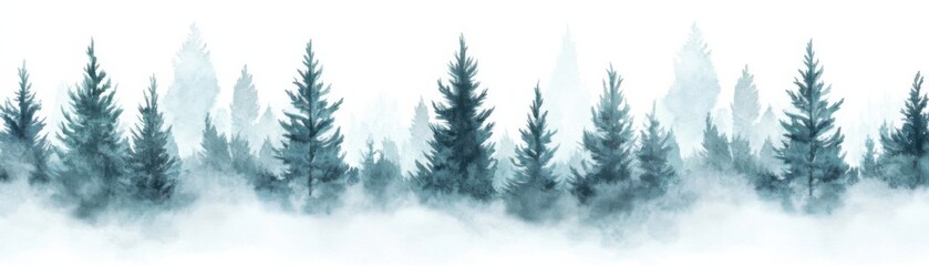 Fototapeta premium A serene watercolor painting of a misty pine forest with soft blue and green hues.