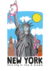 Cute free cat illustration.Cute New York city varsity college slogan print.Slogan typography print design.Cute graphic design for kids t shirts.American wallpaper.New York poster print.Little girl art