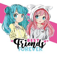 Anime Girls illustration with best friends forever slogan.Vector graphic design for t-shirt.Cute manga girls vector.Japanese girl print.Best friends forever slogan.Hand drawn children's drawing.