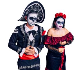Young couple wearing mexican day of the dead costume over background with hand on stomach because indigestion, painful illness feeling unwell. ache concept.