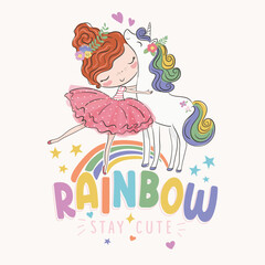 Cute ballerina with sweet unicorn vector illustration, kids fashion artworks.Greeting card, poster, print, t-shirt design for kids, party concept, children books, prints, wallpapers. Unicorn power.