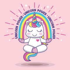 Cute cartoon unicorn in yoga pose. Unique hand drawn vector illustration with pretty pony character. Cartoon animal vector illustration. Little animal pattern
