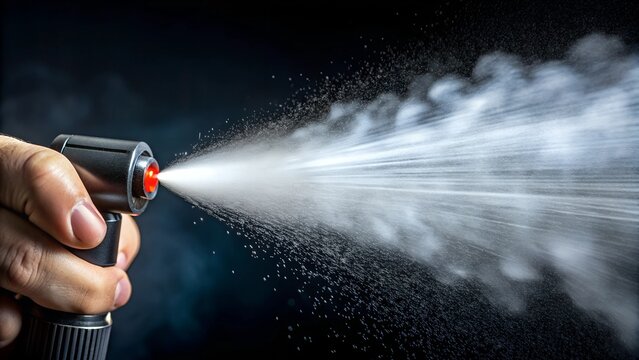 A close-up of a pepper spray nozzle emitting a fine spray