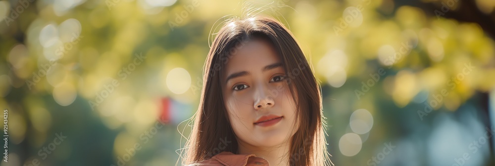 Poster a woman in an autumnal setting stands with sunlight filtering through the trees, creating a warm and
