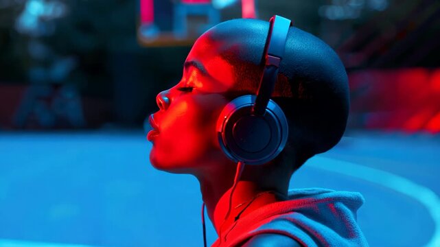 fashion portrait of a bald woman wearing headphone relax listening music with light plays, red blue contrast light