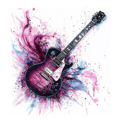 Guitar illustration in an artistic watercolor splash style