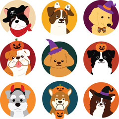 Simple and cute circle icon illustrations of friendly dogs on Halloween