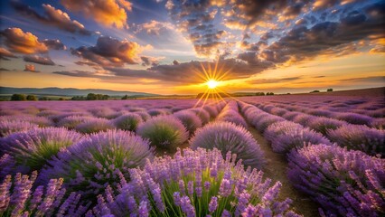 A field of lavender swaying in the wind under a golden sunset