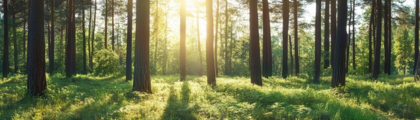 A serene forest bathed in sunlight with tall trees casting long shadows, lush greenery all around.