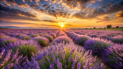 A field of lavender swaying in the wind under a golden sunset