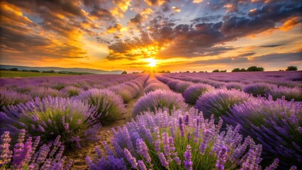 A field of lavender swaying in the wind under a golden sunset