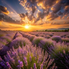 A field of lavender swaying in the wind under a golden sunset