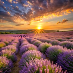 A field of lavender swaying in the wind under a golden sunset