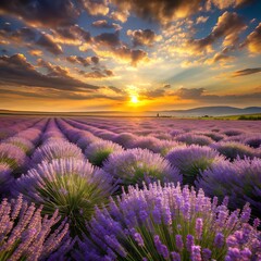 A field of lavender swaying in the wind under a golden sunset