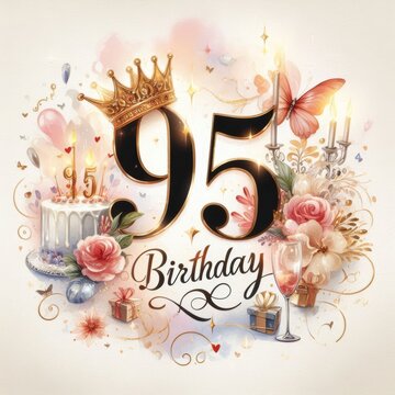 Elegant 95th birthday celebration themed illustration with cake, flowers, and decorations.