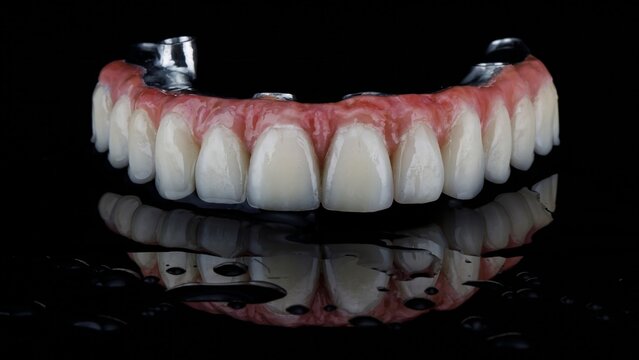 ceramic dental prosthesis with titanium bar and gum on black glass with water splashes
