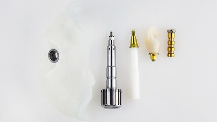 excellent dental composition top view of a single tooth implantation kit on a white background