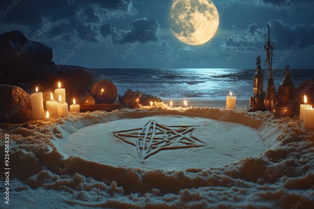 Wall mural pentacle moonlit ritual wicca, paganism religion spiritual symbol