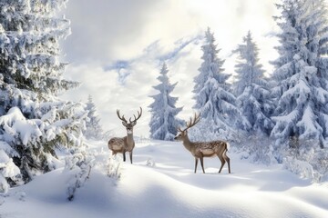 Fototapeta premium Two deer standing in a snowy forest with snow-covered pines and clear skies.