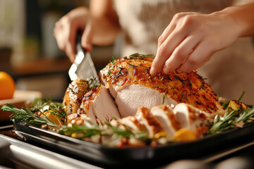 Carving a Golden Roast Turkey for Thanksgiving Dinner