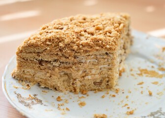 Traditional homemade czech Honey cake (Medovník) with cream and grinded nuts topping - slice