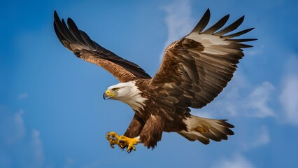 Naklejka premium Round Winged Eagle Flying on Blue Sky Background, Photo Realistic, Pattern Background, Wallpaper, Cover and Screen for Smartphone, Cell Phone, Computer, Laptop