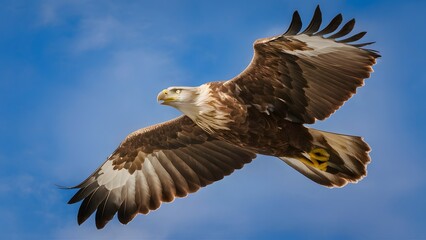 Obraz premium Round Winged Eagle Flying on Blue Sky Background, Photo Realistic, Pattern Background, Wallpaper, Cover and Screen for Smartphone, Cell Phone, Computer, Laptop