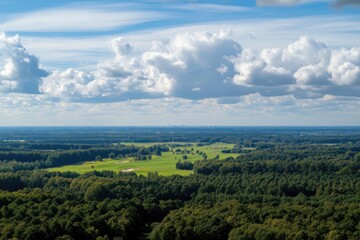 Aerial view of a green landscape with forests, fields, and distant city under a sky with fluffy clouds.