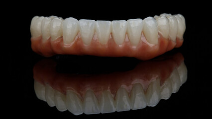 dental prosthesis made of zircon for the lower jaw on a black background with reflection