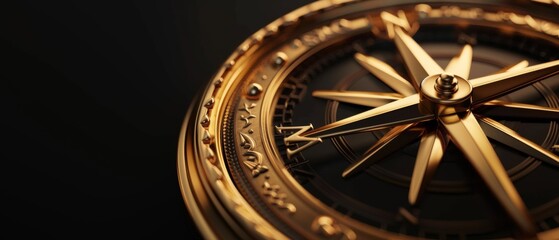 3D rendering of a golden compass rose with five pawns on a black background, symbolizing business