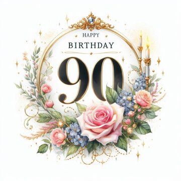 Elegant 90th birthday design with floral decorations and golden accents.