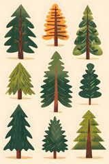 Obraz premium Set of Nine Simple Evergreen Trees