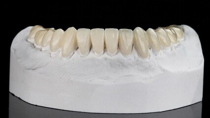 dental model with a set of ceramic veneers of the lower jaw on a black background