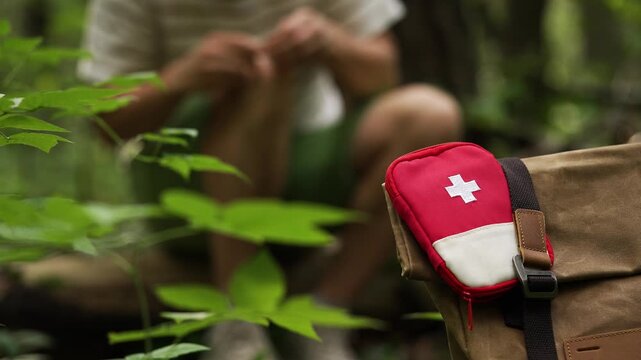 Close-up of a hiker backpack with a visible first aid kit attached, set in a forest. The hiker is blurry tourist is sticking a patch on his sore knee. 