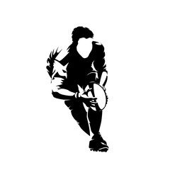 Rugby player running with ball, isolated vector silhouette. Rugby logo