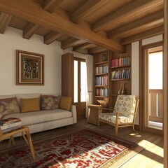 Rustic Wooden Interior Design with Beige Sofa and Bookshelf