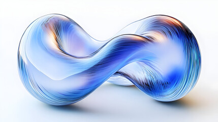 Abstract blue glass sculpture on white background.