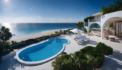 Fototapeta premium White and luxurious house with pool next to the sea