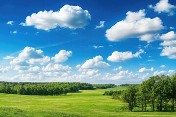 Lush green meadows under a bright blue sky filled with fluffy white clouds.