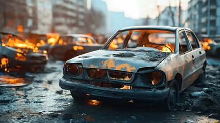 Fototapeta premium Post-apocalyptic urban street with burnt-out, damaged cars and fires. Extensive debris and destruction visible.