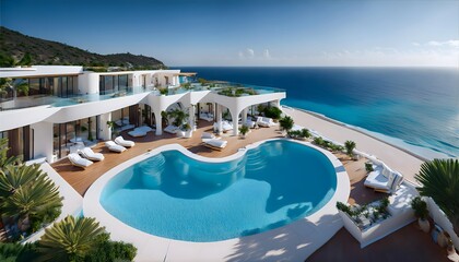 Obraz premium White and luxurious house with pool next to the sea