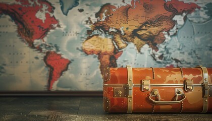 Holiday-themed image featuring an airplane, suitcase, world map, symbolizing global trip planning