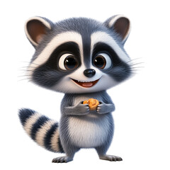 Smiling Raccoon Character with Snack - isolated on White Transparent Background, PNG
