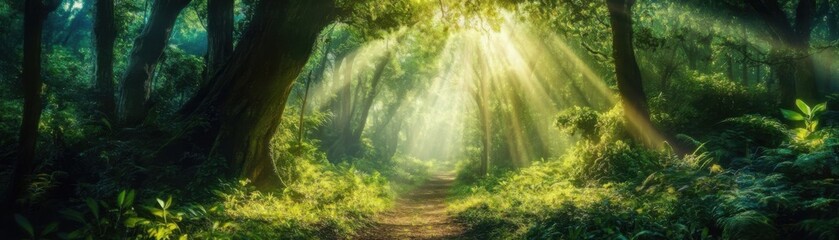 Obraz premium Sunlight streaming through trees in a lush, green forest, creating a magical, serene atmosphere.